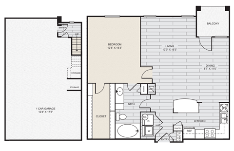 a floor plan of a one story apartment with a bedroom and a bathroom